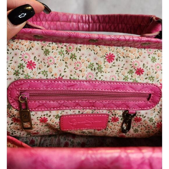 Jessica Simpson Hot Pink Vegan Leather Croc Embossed Ruffled Doctor Bag Purse - Picture 12 of 12
